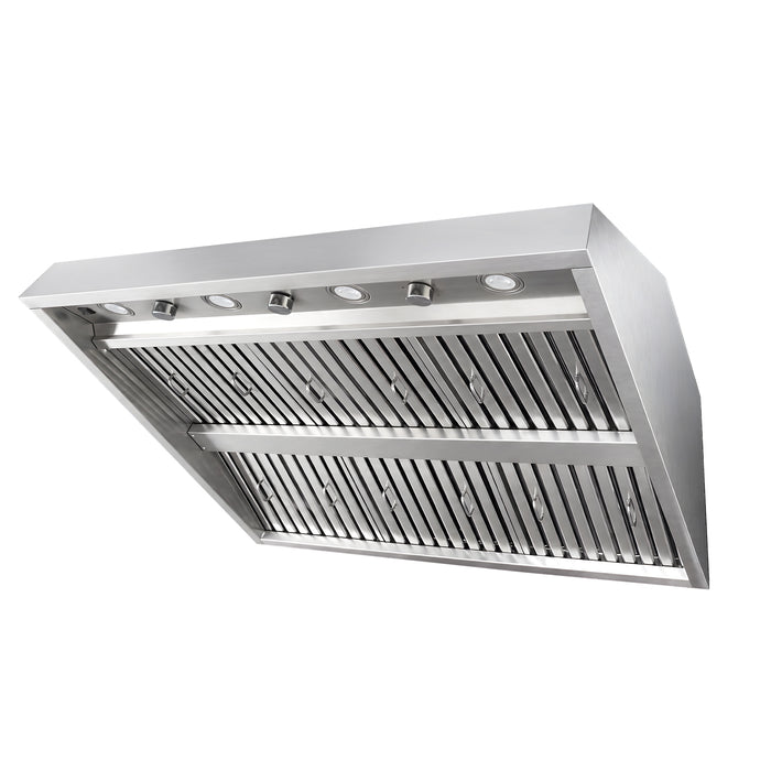 Angled front shot BH02 42-inch outdoor built-in range hood insert, seamless stainless steel body with full baffle filters, dual weatherproof internal motors for large backyard custom metal hood