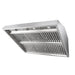 Angled front shot BH02 42-inch outdoor built-in range hood insert, seamless stainless steel body with full baffle filters, dual weatherproof internal motors for large backyard custom metal hood