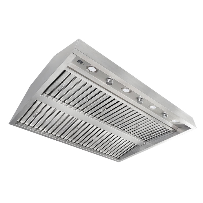 Top side angled exterior of BH02 42” weatherproof outdoor hood liner, stainless steel grease baffle filters, dual 1150 CFM integrated internal motor insert for custom metal vent hood