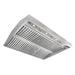 Top side angled exterior of BH02 42” weatherproof outdoor hood liner, stainless steel grease baffle filters, dual 1150 CFM integrated internal motor insert for custom metal vent hood