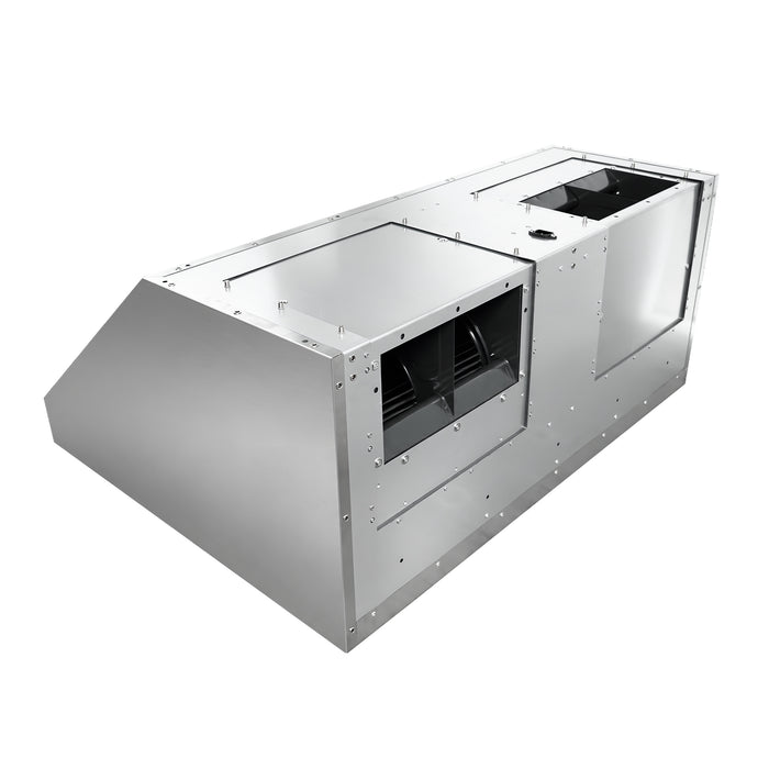 Rear angled view BH02 42” outdoor weatherproof hood insert, dual 8-inch round duct outlets, dual sealed 1150 CFM internal motors for large custom metal range hood installations