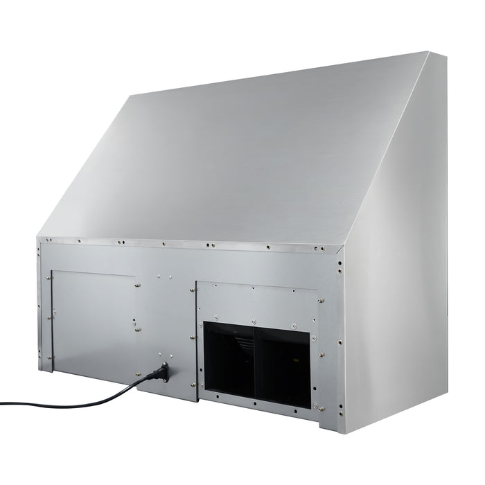 Back full exterior BH02 42-inch outdoor range hood liner, welded anti-corrosion stainless steel housing, wiring outlet and dual duct openings for professional BBQ custom metal vent hood