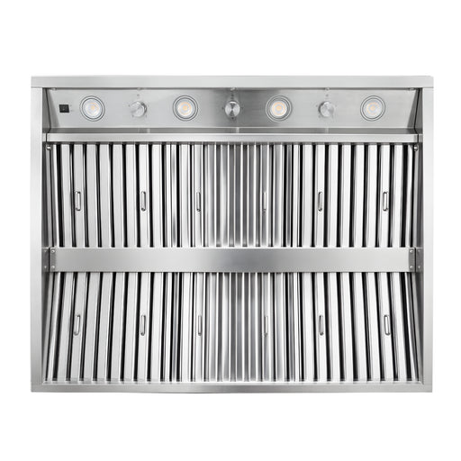 Front straight view BH02 42” outdoor hood liner with full stainless steel baffle filter panel, dual 1150CFM weatherproof internal motors, control knobs and LED lamps for oversized custom metal range hood