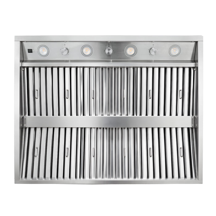 Front straight view BH02 42” outdoor hood liner with full stainless steel baffle filter panel, dual 1150CFM weatherproof internal motors, control knobs and LED lamps for oversized custom metal range hood