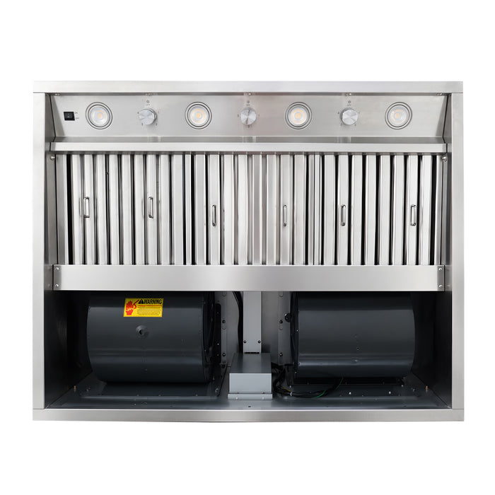 BH02 42 inch weatherproof outdoor range hood insert interior full view with dual built-in 1150 CFM sealed internal motors, SUS304 stainless steel baffle filters, multi-speed push controls and LED lights for large custom metal BBQ vent hood