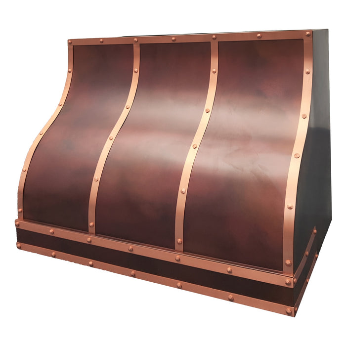 Fired copper range hood ogee shape with nature copper straps and rivets from RangeHoodMaster