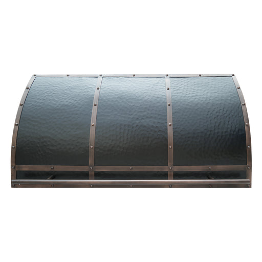 Manhattan style darken patina finish custom range hood with medium copper straps and rivets