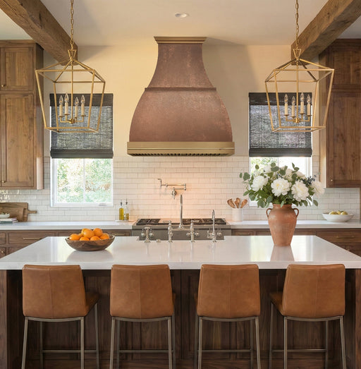custom bell shaped copper range hood with brushed brass crown and apron and pot rail bell shape at rangehoodmaster