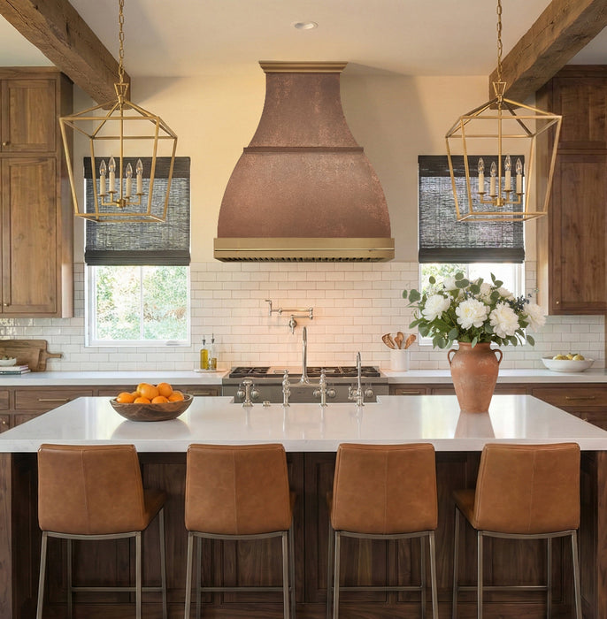 custom bell shaped copper range hood with brushed brass crown and apron and pot rail bell shape at rangehoodmaster