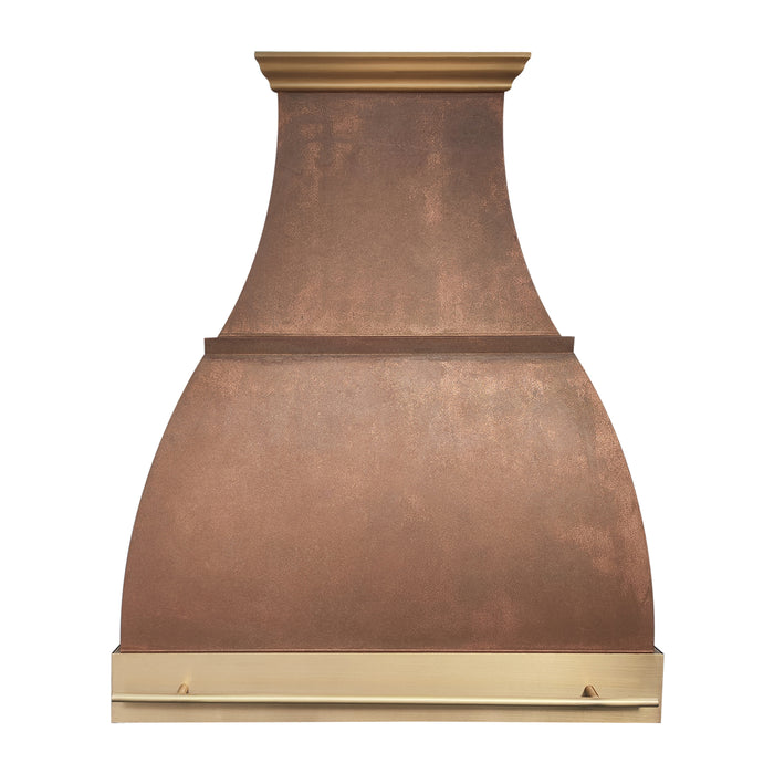 custom bell shaped copper range hood with brushed brass crown and apron and pot rail bell shape at rangehoodmaster