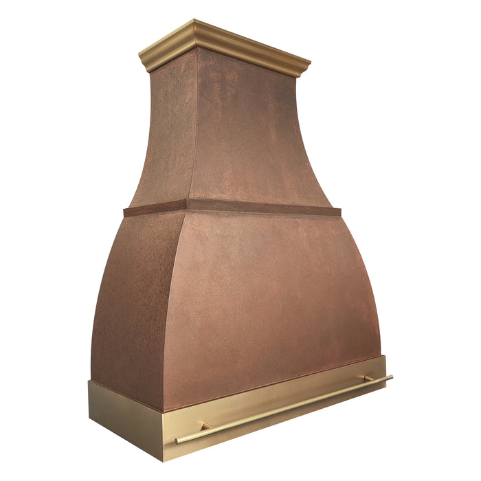 custom bell shaped copper range hood with brushed brass crown and apron and pot rail bell shape at rangehoodmaster