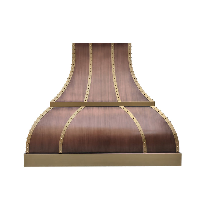 custom copper range hood bell shape with brass accents at RangeHoodMaster
