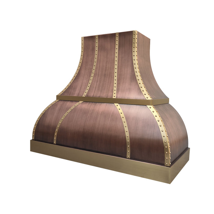 custom copper range hood bell shape with brass accents at RangeHoodMaster