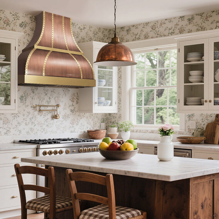 custom copper range hood bell shape with brass accents at RangeHoodMaster