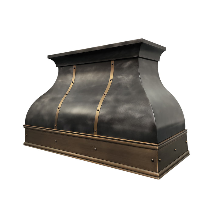 bell shape zinc range hood with antique brass apron at RangeHoodMaster