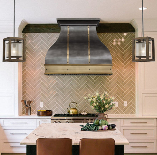 bell shape zinc range hood with antique brass apron at RangeHoodMaster