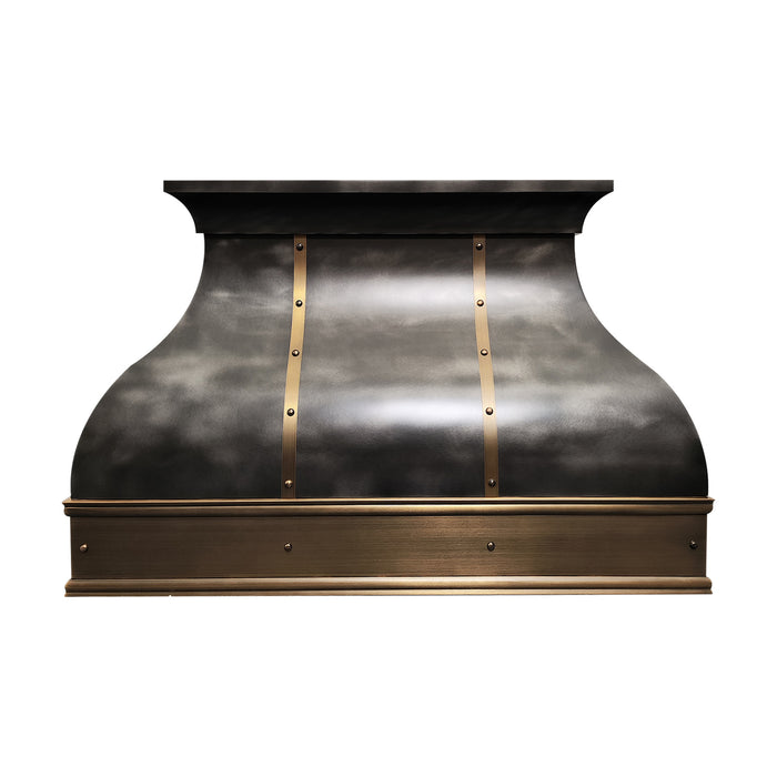 bell shape zinc range hood with antique brass apron at RangeHoodMaster