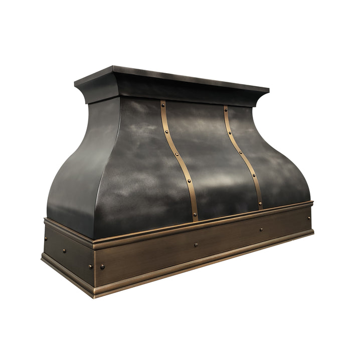 bell shape zinc range hood with antique brass apron at RangeHoodMaster