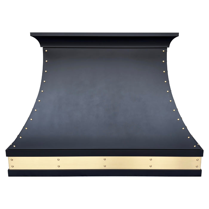 custom matte black curved kitchen range hood with brushed brass apron and rivets at Range Hood Master