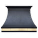 custom matte black curved kitchen range hood with brushed brass apron and rivets at Range Hood Master