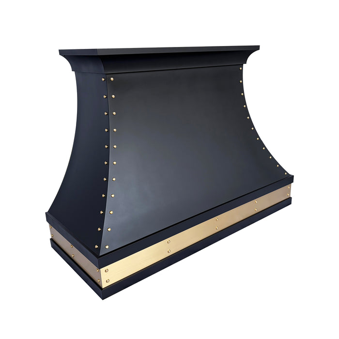 custom matte black curved kitchen range hood with brushed brass apron and rivets at Range Hood Master
