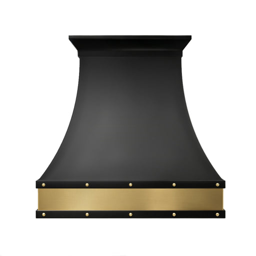 black stainless steel kitchen vent hood  with brass accents apron and decorative straps and rivets