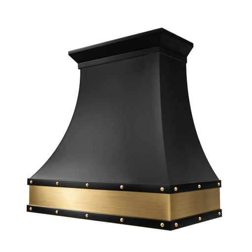 matte black stainless steel kitchen vent hood  with brass accents apron and decorative straps and rivets