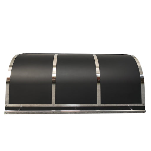 custom matte black stainless steel range hood with polished stainless steel straps and pot rail in barrel design for under cabinet kitchen at rangehoodmaster