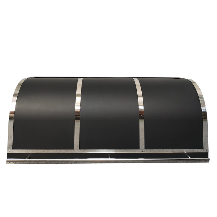 custom matte black stainless steel range hood with polished stainless steel straps and pot rail in barrel design for under cabinet kitchen at rangehoodmaster