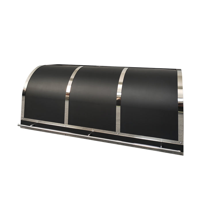 custom matte black stainless steel range hood with polished stainless steel straps and pot rail in barrel design for under cabinet kitchen at rangehoodmaster