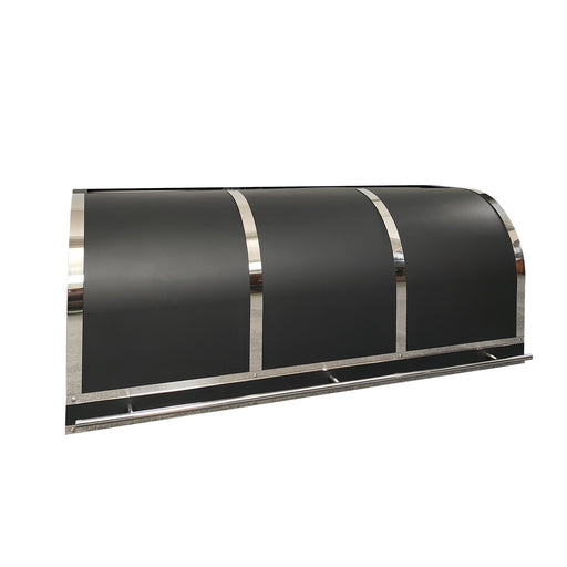 custom matte black stainless steel range hood with polished stainless steel straps and pot rail in barrel design for under cabinet kitchen at rangehoodmaster