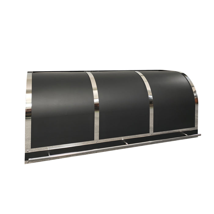 custom matte black stainless steel range hood with polished stainless steel straps and pot rail in barrel design for under cabinet kitchen at rangehoodmaster