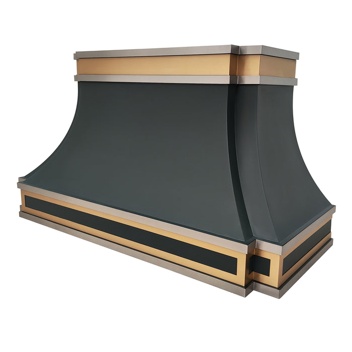 Black stainless steel custom design kitchen range hood with brass and stainless steel decoration on top and bottom