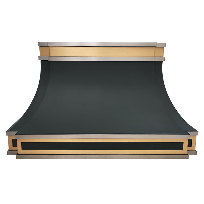 Black stainless steel custom design kitchen range hood with brass and stainless steel decoration on top and bottom