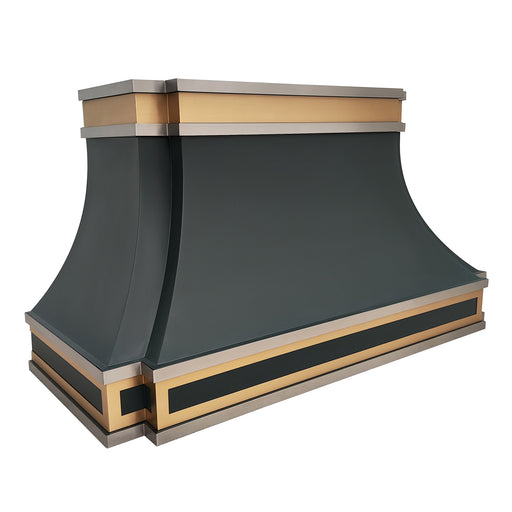 Black stainless steel custom design kitchen range hood with brass and stainless steel decoration on top and bottom