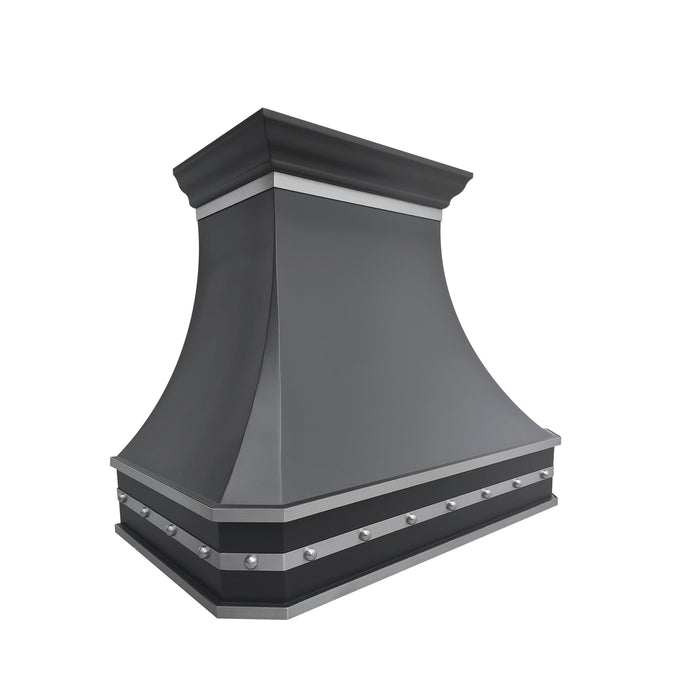black stainless steel range hood curved shape with clipped corner design with brushed stainless steel straps and rivets at RangeHoodMaster