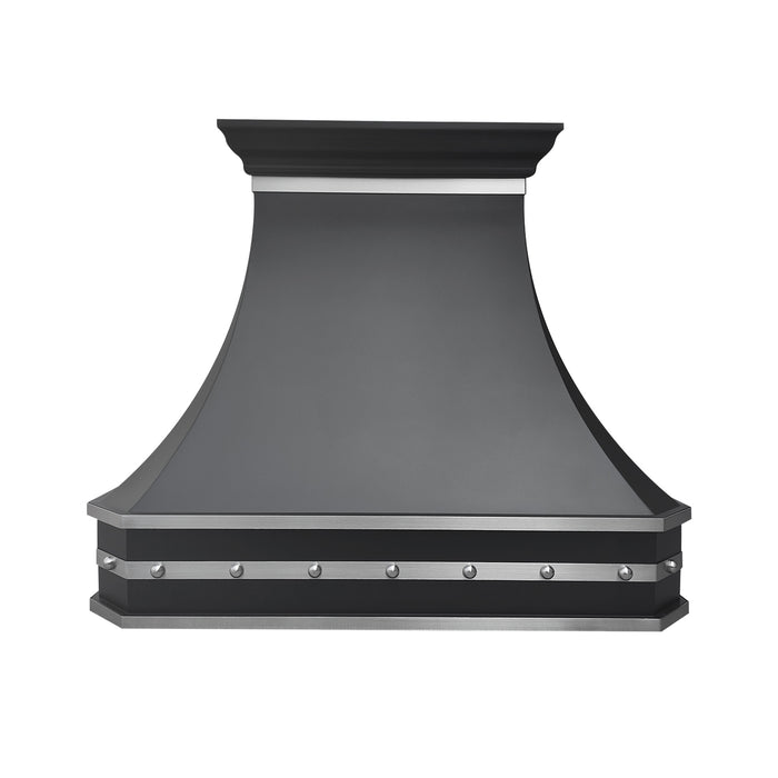 black stainless steel range hood curved shape with clipped corner design with brushed stainless steel straps and rivets at RangeHoodMaster