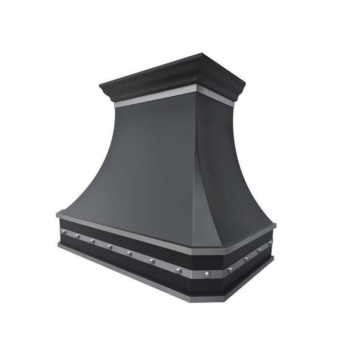 black stainless steel range hood curved shape with clipped corner design with brushed stainless steel straps and rivets at RangeHoodMaster