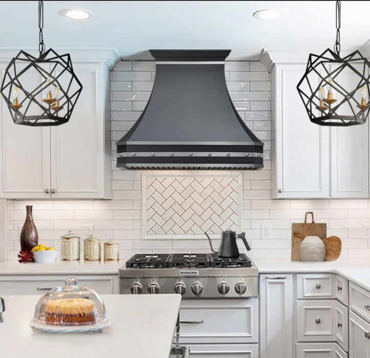 black stainless steel range hood curved shape with clipped corner design with brushed stainless steel straps and rivets at RangeHoodMaster