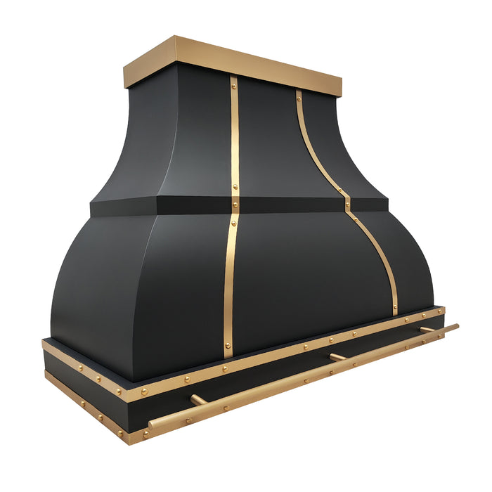 matte black stainless steel range hood bell shape with golden brass bands & rivets & pot rack