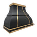 matte black stainless steel range hood bell shape with golden brass bands & rivets & pot rack