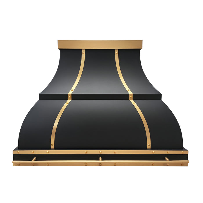 matte black stainless steel range hood bell shape with golden brass bands & rivets & pot rack