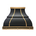 matte black stainless steel range hood bell shape with golden brass bands & rivets & pot rack