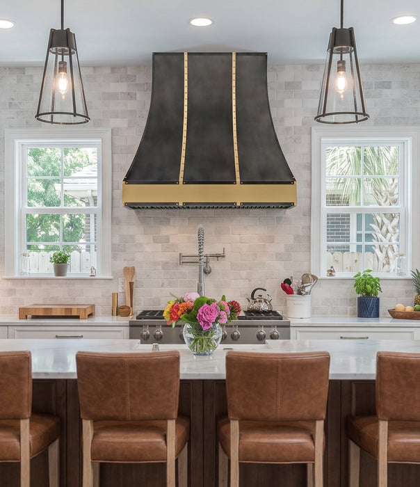 range hood master zinc range hood with brushed brass straps and rivets