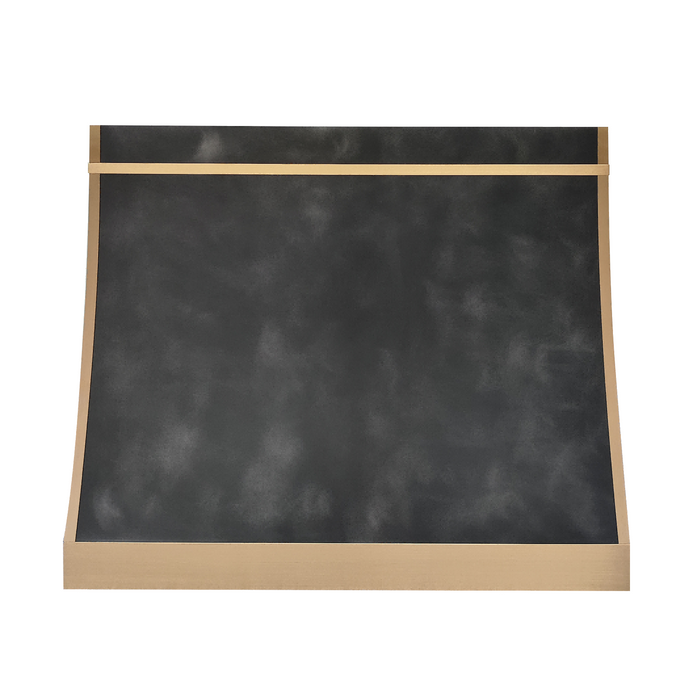 antique blacken zinc custom range hood sloped shape with brass straps and apron at RangeHoodMaster