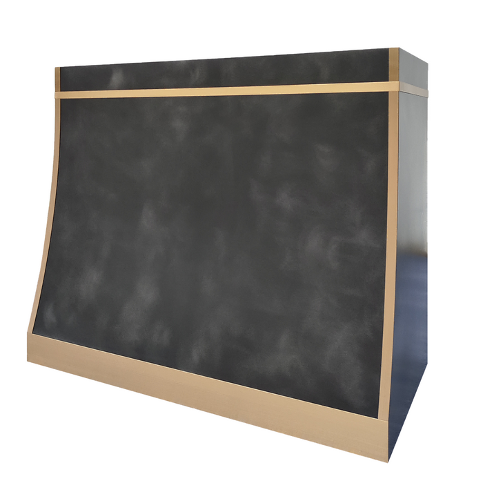 antique blacken zinc custom range hood sloped shape with brass straps and apron at RangeHoodMaster