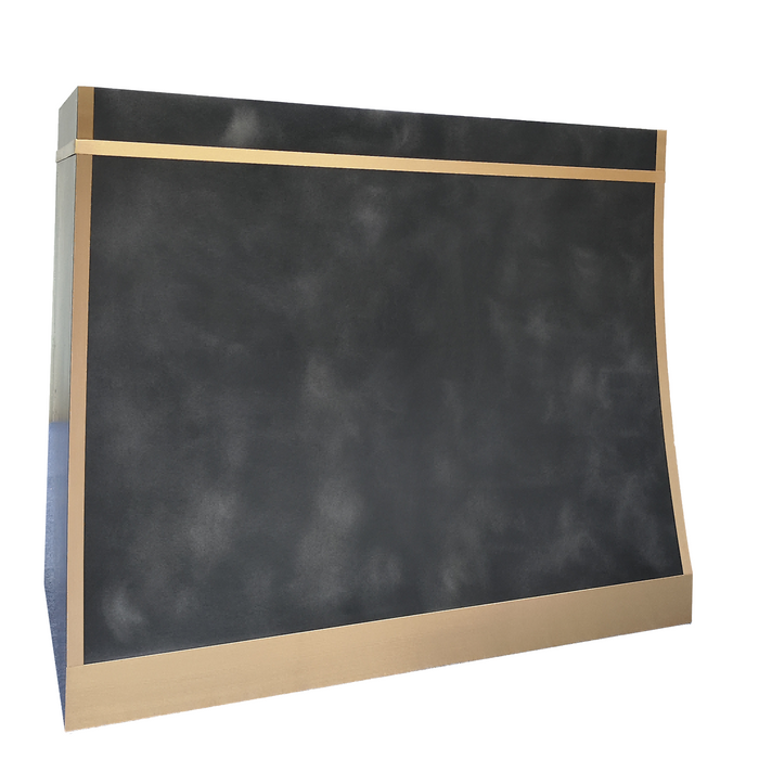 antique blacken zinc custom range hood sloped shape with brass straps and apron at RangeHoodMaster
