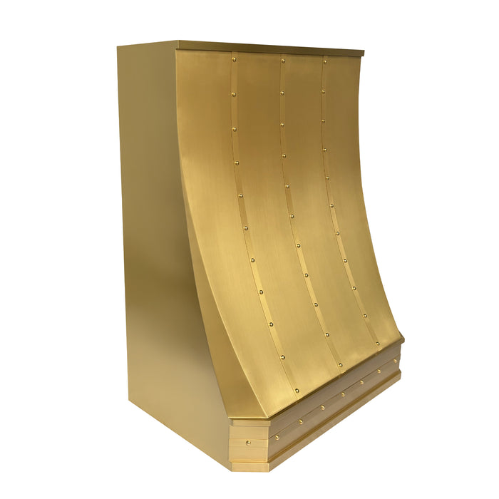 custom brass range hood with straps & rivets