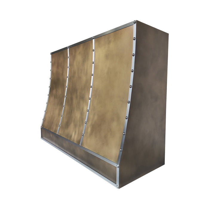 Handcrafted antique brass farmhouse range hood with stainless steel accents in a luxury kitchen