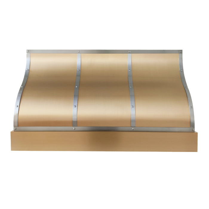 custom brushed brass ogee range hood with brushed stainless steel straps and rivets at range hood master